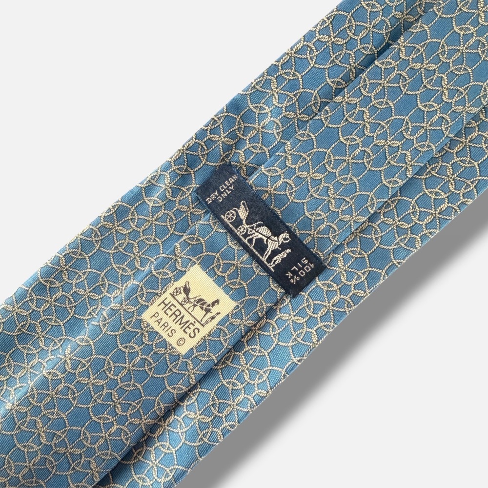 Hermes Tie Mens Blue Interlocking Chain Rope Weave Silk Made in France 7822 UA